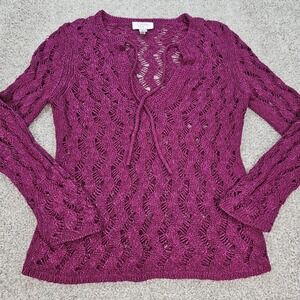 LOFT Women's Small Petite Purple Crochet Knit Tie-Neck Long Sleeve‎ Top Blouse